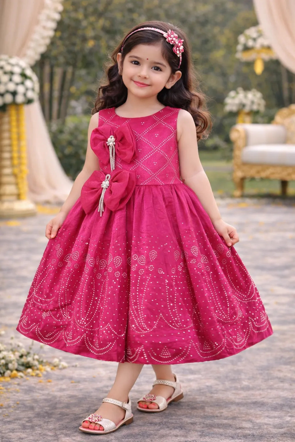 Girls Satin Party Dress with Bow Detail & Embellished Design | Premium Kids Festive Wear