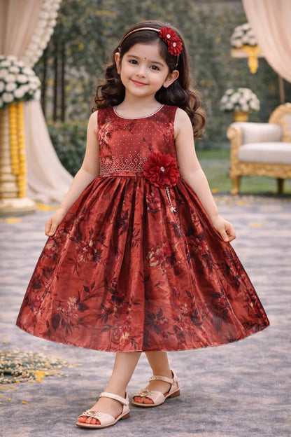 சிறுமிகளுக்கான சிகை பட்டு மலர் அலங்கார பார்ட்டி ஆடை, 3D மலர் வேலைப்பாடுகளுடன் | உயர்தர குழந்தைகள் பண்டிகை ஆடை