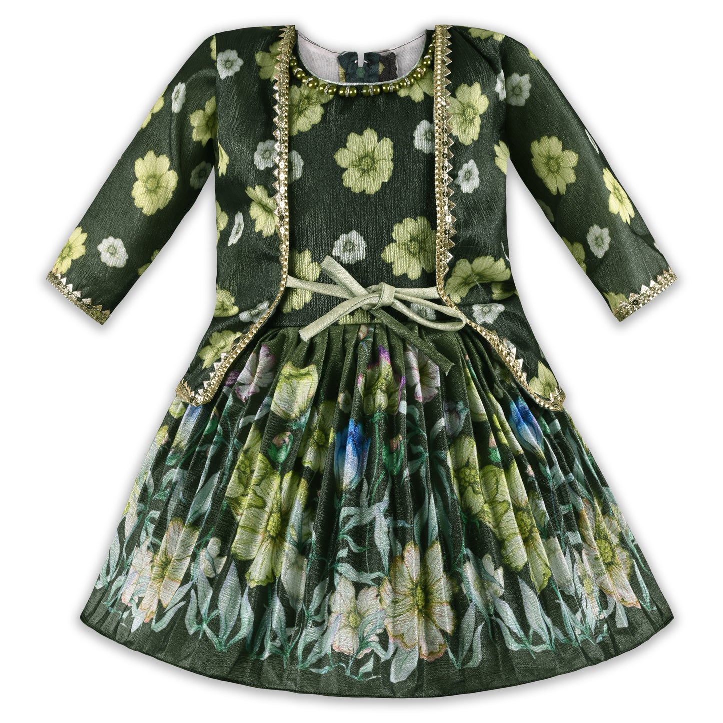 Girls Floral Satin & Poly Partywear Frock with Shrug-Style Bodice and Flared Skirt
