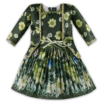 Girls Floral Satin & Poly Partywear Frock with Shrug-Style Bodice and Flared Skirt