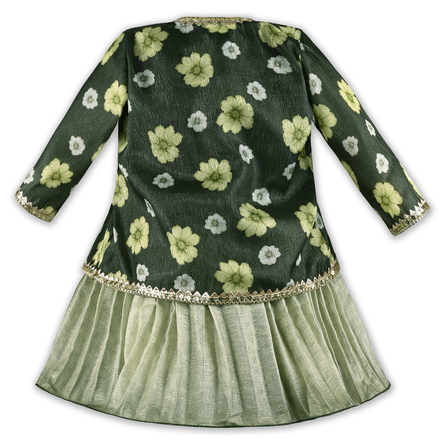 Girls Floral Satin & Poly Partywear Frock with Shrug-Style Bodice and Flared Skirt