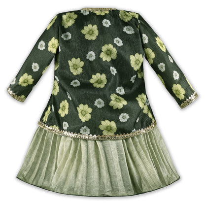Girls Floral Satin & Poly Partywear Frock with Shrug-Style Bodice and Flared Skirt