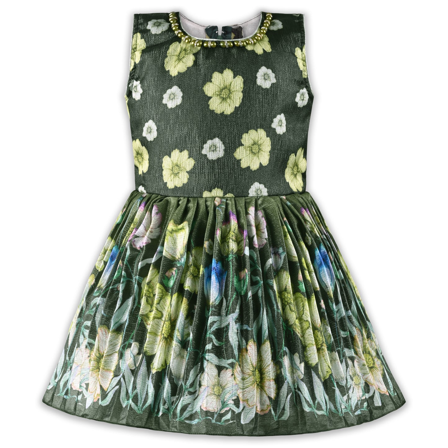 Girls Floral Satin & Poly Partywear Frock with Shrug-Style Bodice and Flared Skirt