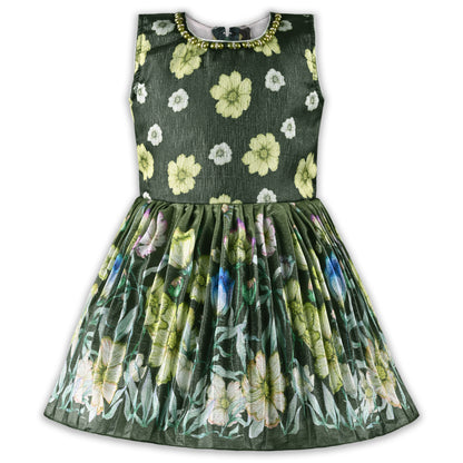 Girls Floral Satin & Poly Partywear Frock with Shrug-Style Bodice and Flared Skirt