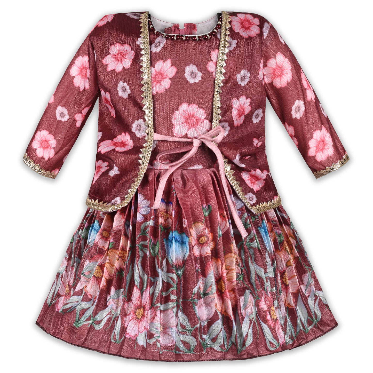 Girls Floral Satin & Poly Partywear Frock with Shrug-Style Bodice and Flared Skirt