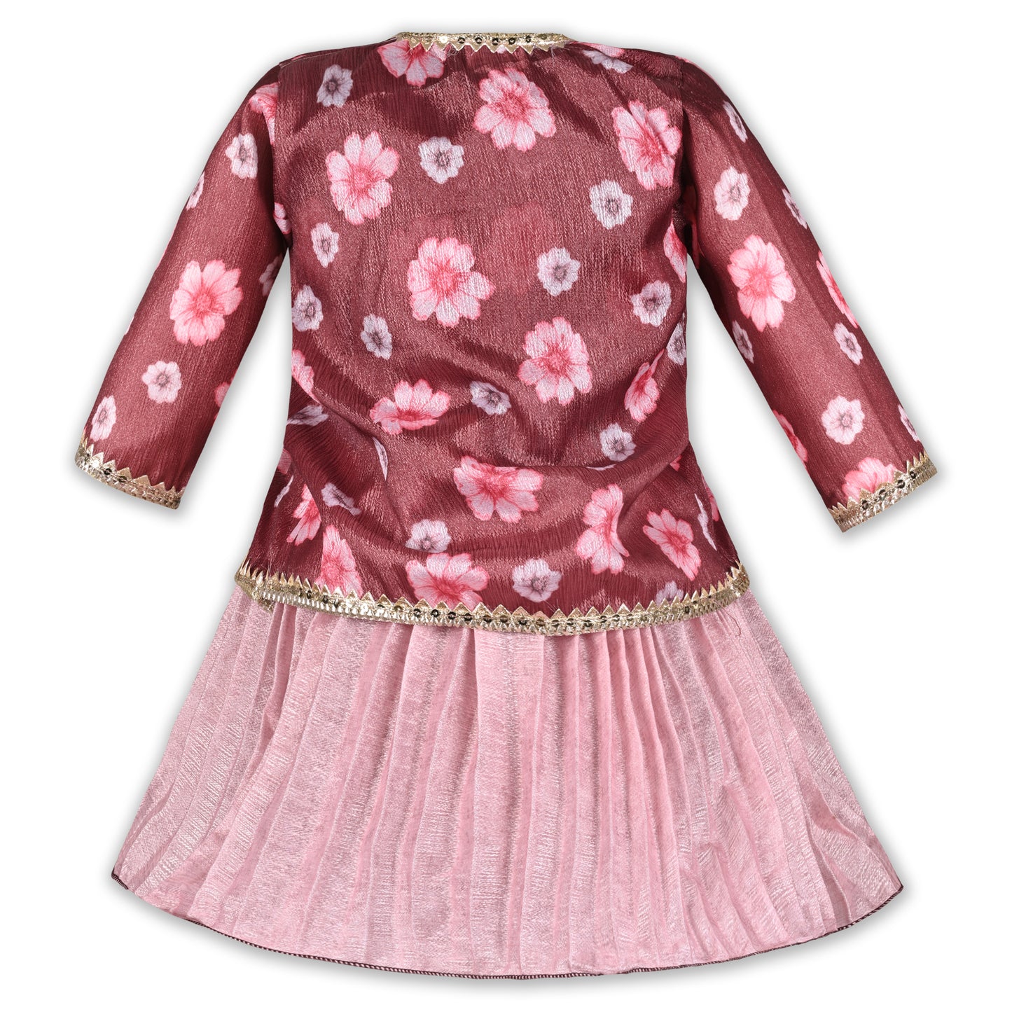Girls Floral Satin & Poly Partywear Frock with Shrug-Style Bodice and Flared Skirt