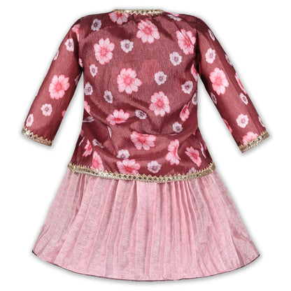 Girls Floral Satin & Poly Partywear Frock with Shrug-Style Bodice and Flared Skirt
