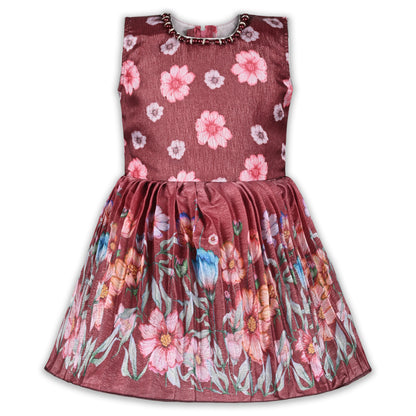 Girls Floral Satin & Poly Partywear Frock with Shrug-Style Bodice and Flared Skirt