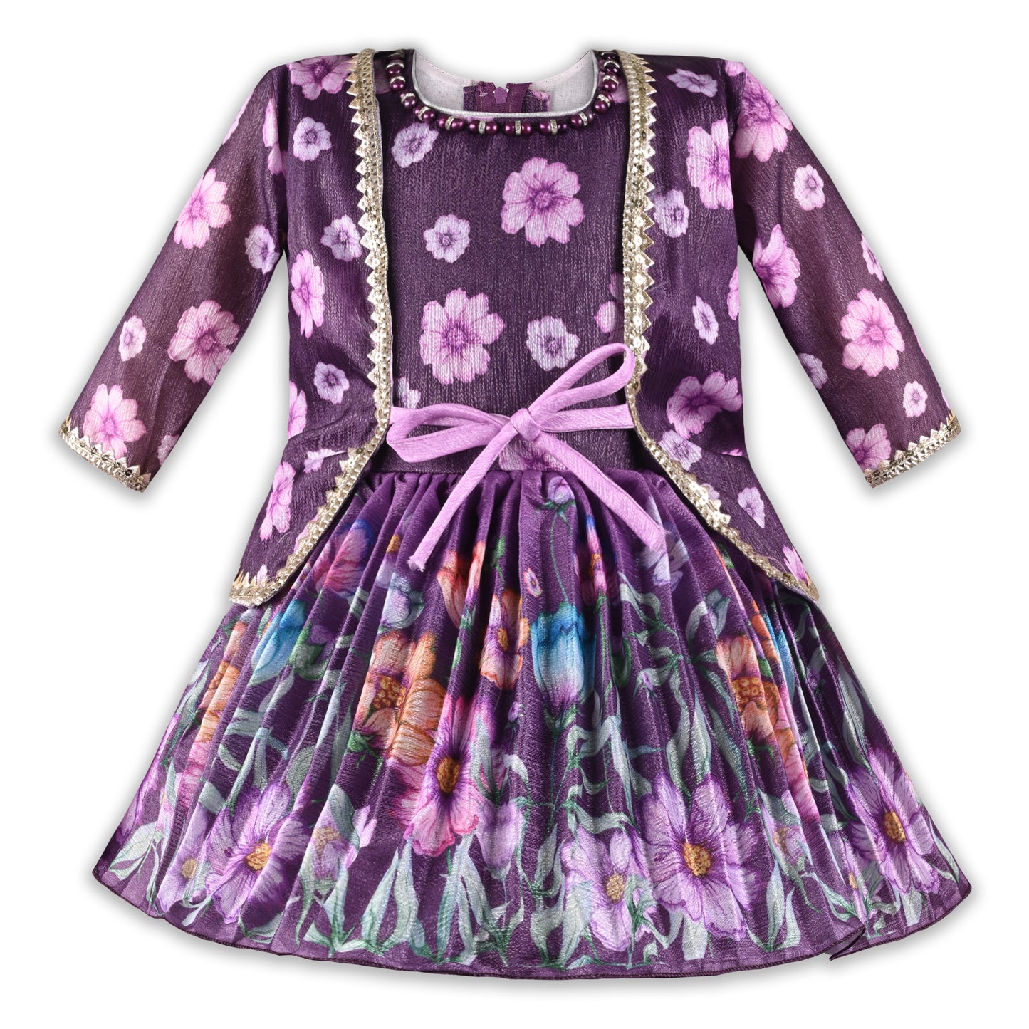 Girls Floral Satin & Poly Partywear Frock with Shrug-Style Bodice and Flared Skirt