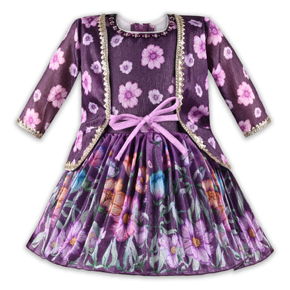 Girls Floral Satin & Poly Partywear Frock with Shrug-Style Bodice and Flared Skirt