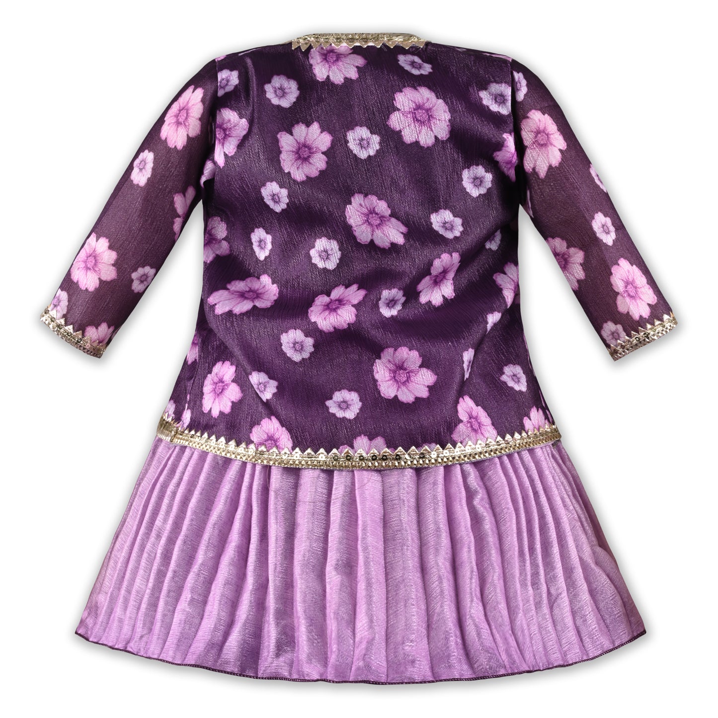 Girls Floral Satin & Poly Partywear Frock with Shrug-Style Bodice and Flared Skirt