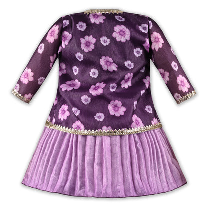 Girls Floral Satin & Poly Partywear Frock with Shrug-Style Bodice and Flared Skirt