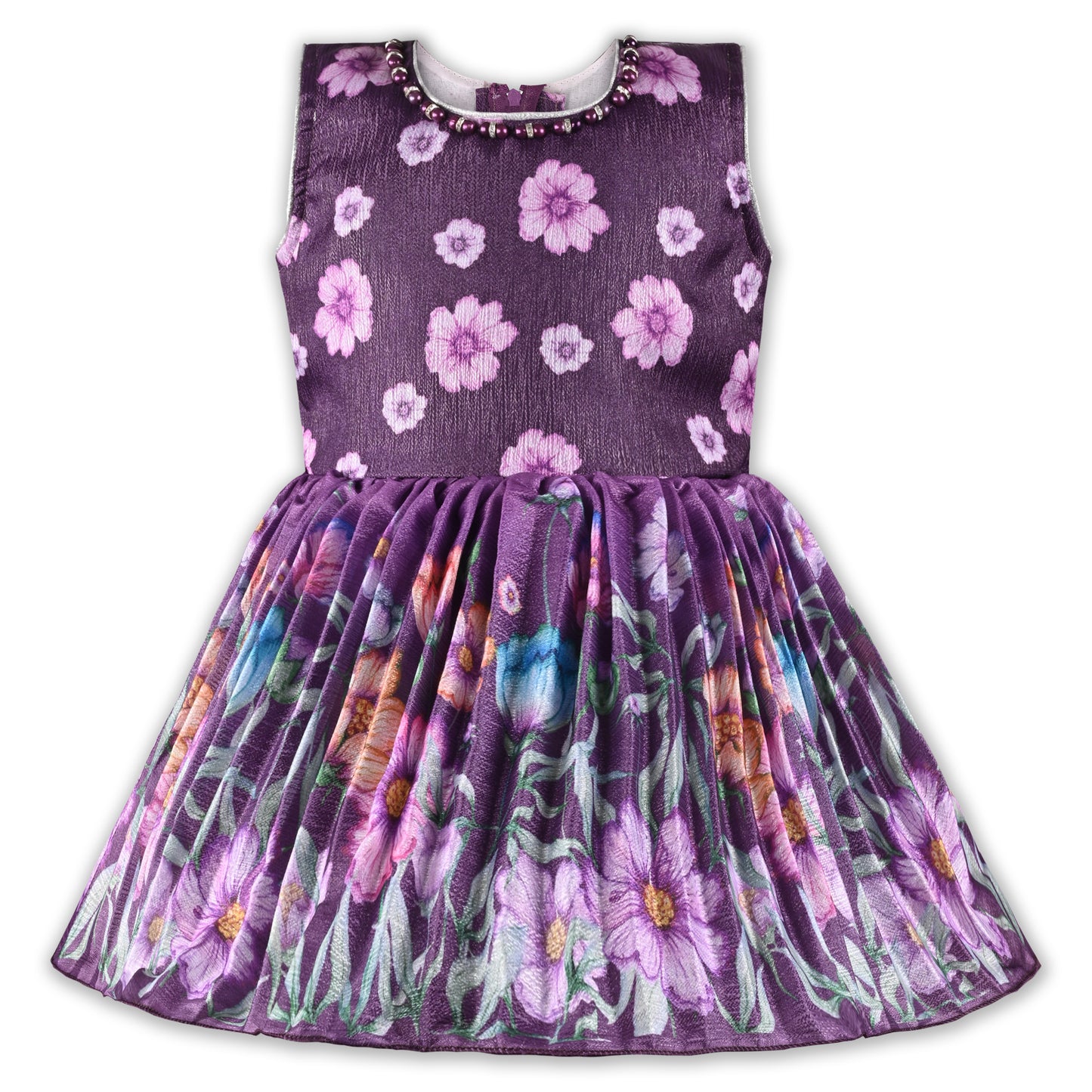Girls Floral Satin & Poly Partywear Frock with Shrug-Style Bodice and Flared Skirt