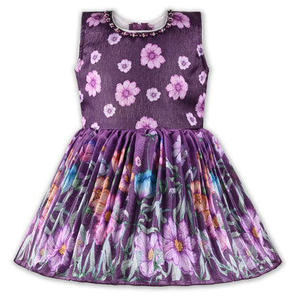 Girls Floral Satin & Poly Partywear Frock with Shrug-Style Bodice and Flared Skirt