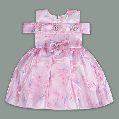 Girls Pink Satin Party Dress with Cold Shoulder & Floral Appliqué | Premium Kids Occasion Wear
