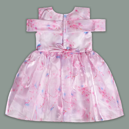 Girls Pink Satin Party Dress with Cold Shoulder & Floral Appliqué | Premium Kids Occasion Wear