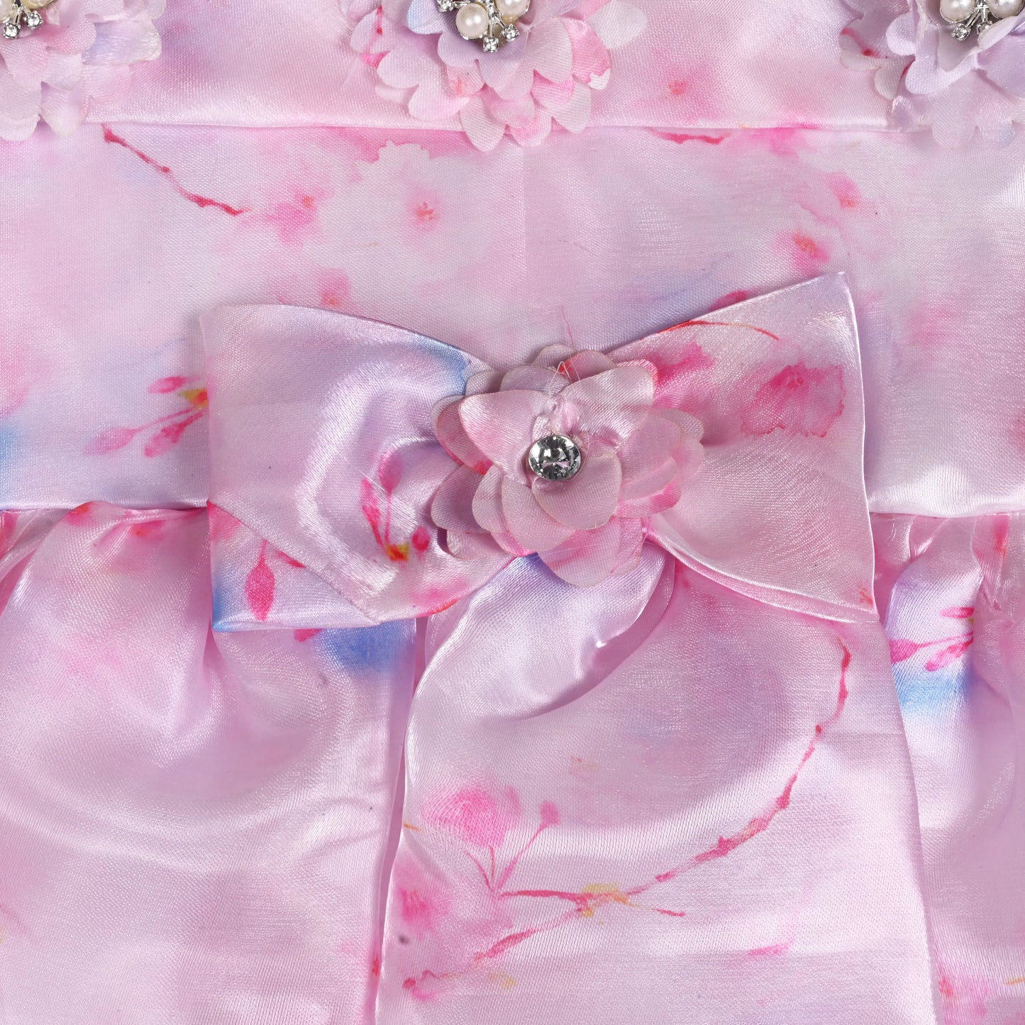 Girls Pink Satin Party Dress with Cold Shoulder & Floral Appliqué | Premium Kids Occasion Wear