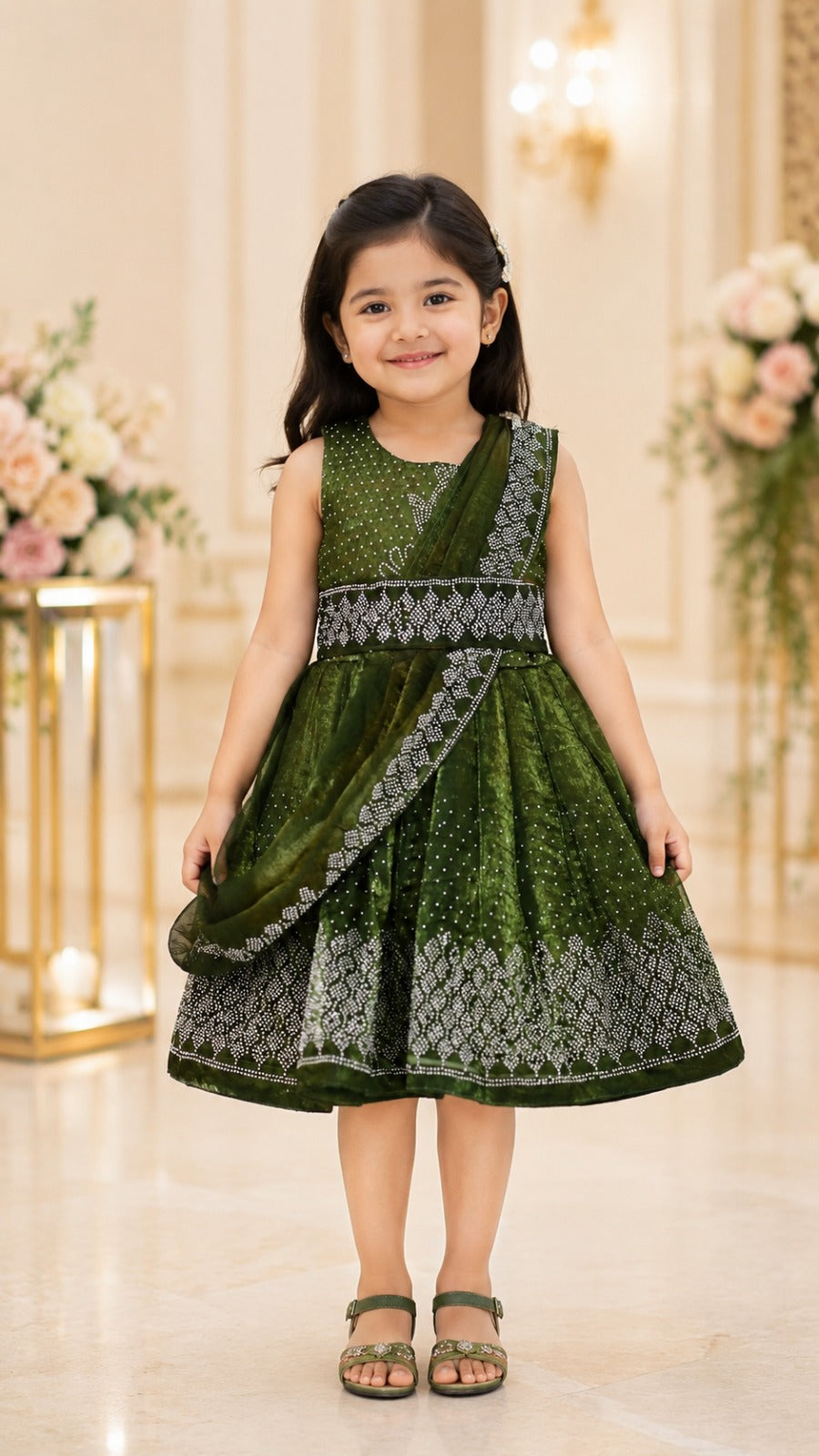 Girls Korean Satin Ethnic Party Wear Dress with Drape Detail
