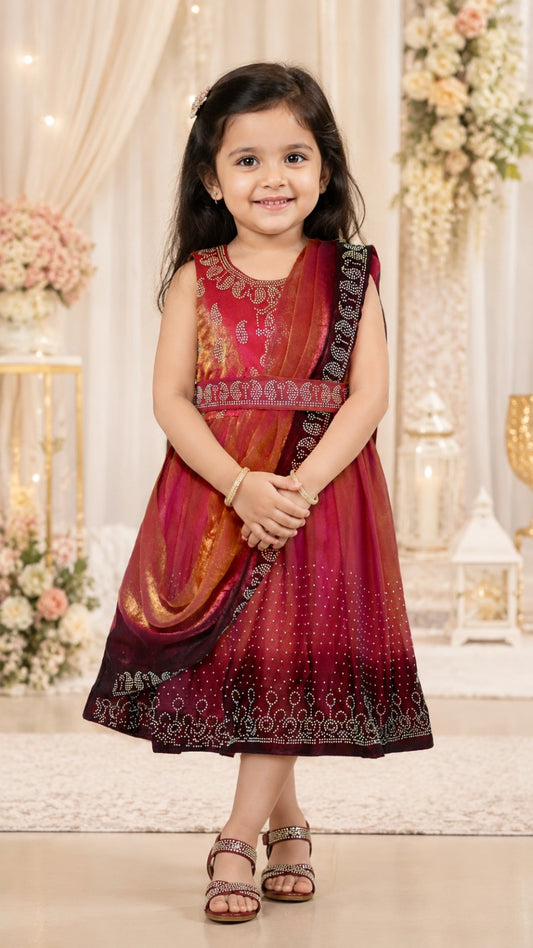 Girls Korean Satin Ethnic Party Wear Dress with Drape Detail