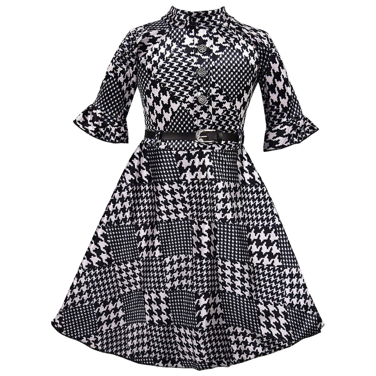 Girls Printed Flared Sleeve Casual Dress with Belt