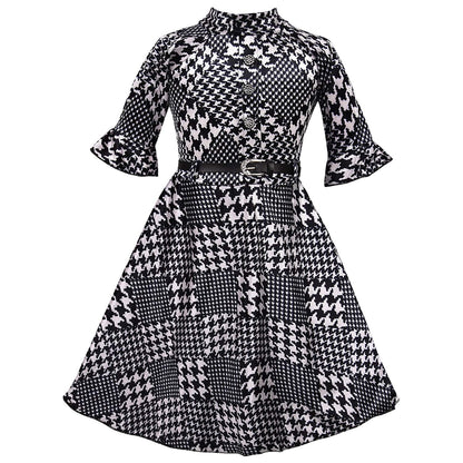 Girls Printed Flared Sleeve Casual Dress with Belt