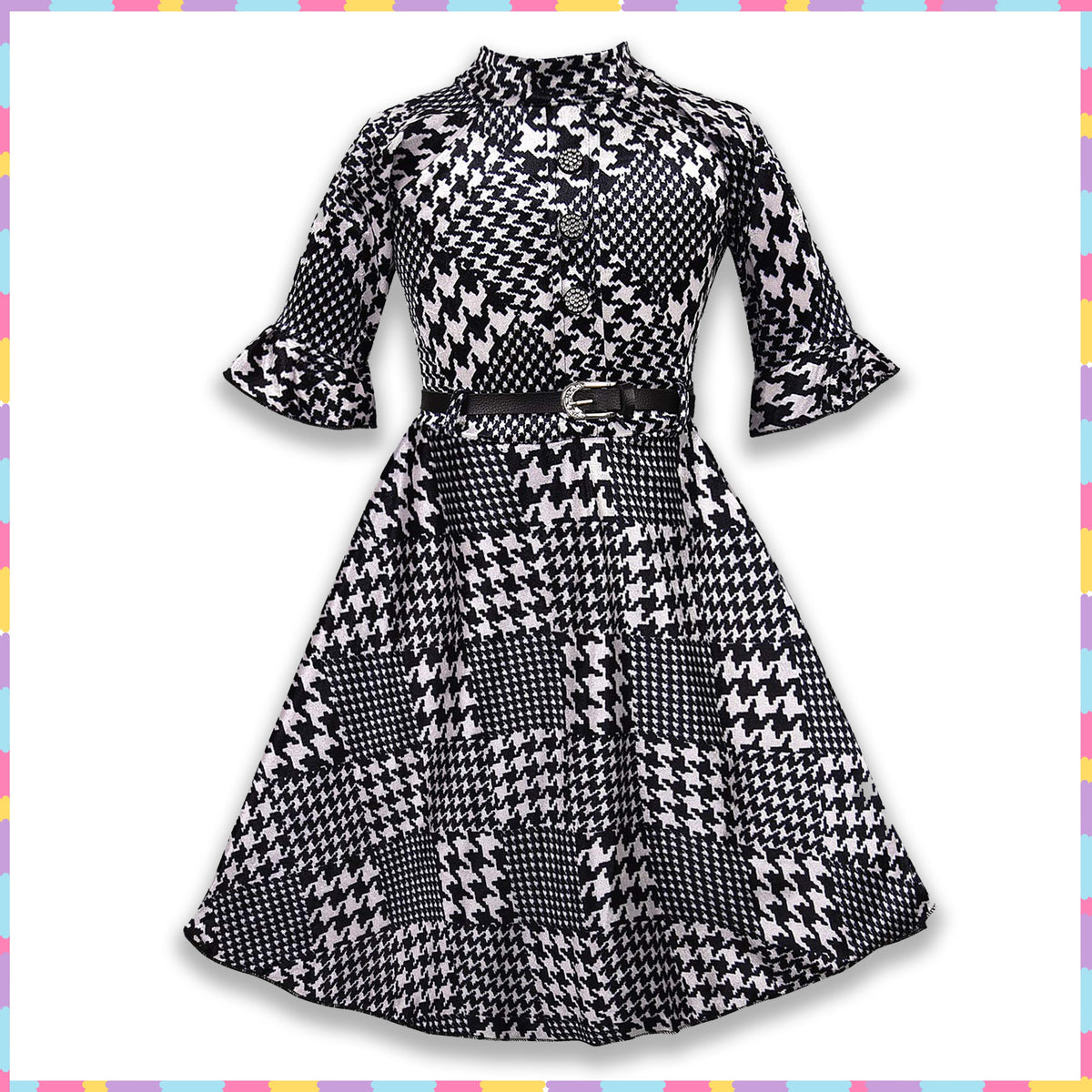 Girls Printed Flared Sleeve Casual Dress with Belt