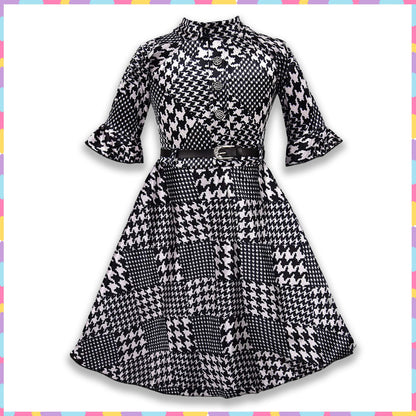 Girls Printed Flared Sleeve Casual Dress with Belt