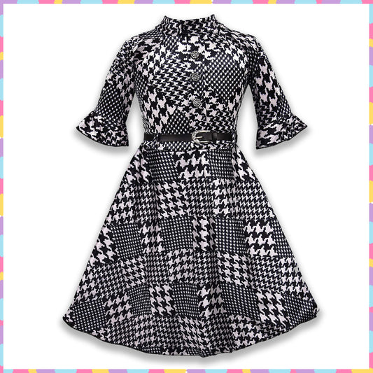 Girls Printed Flared Sleeve Casual Dress with Belt