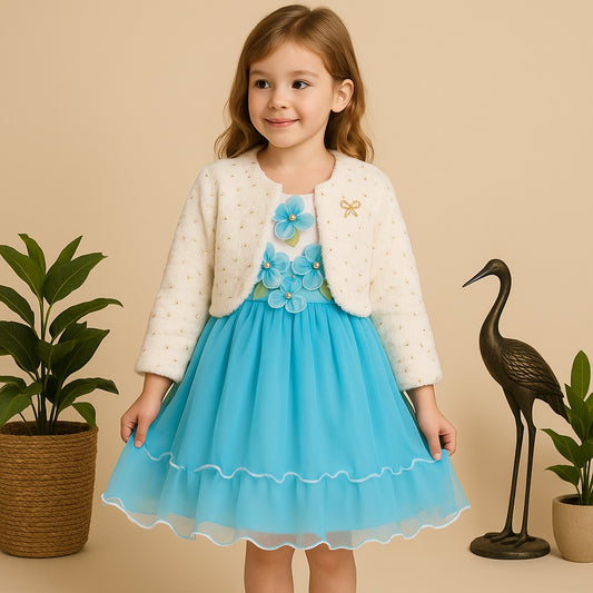 Girls Net Party Frock with Floral Appliqué & Cream Fur Jacket for Girls – Full Sleeves, Winter Special