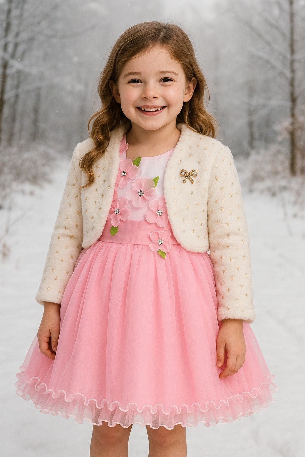 Girls Net Party Frock with Floral Appliqué & Cream Fur Jacket for Girls – Full Sleeves, Winter Special
