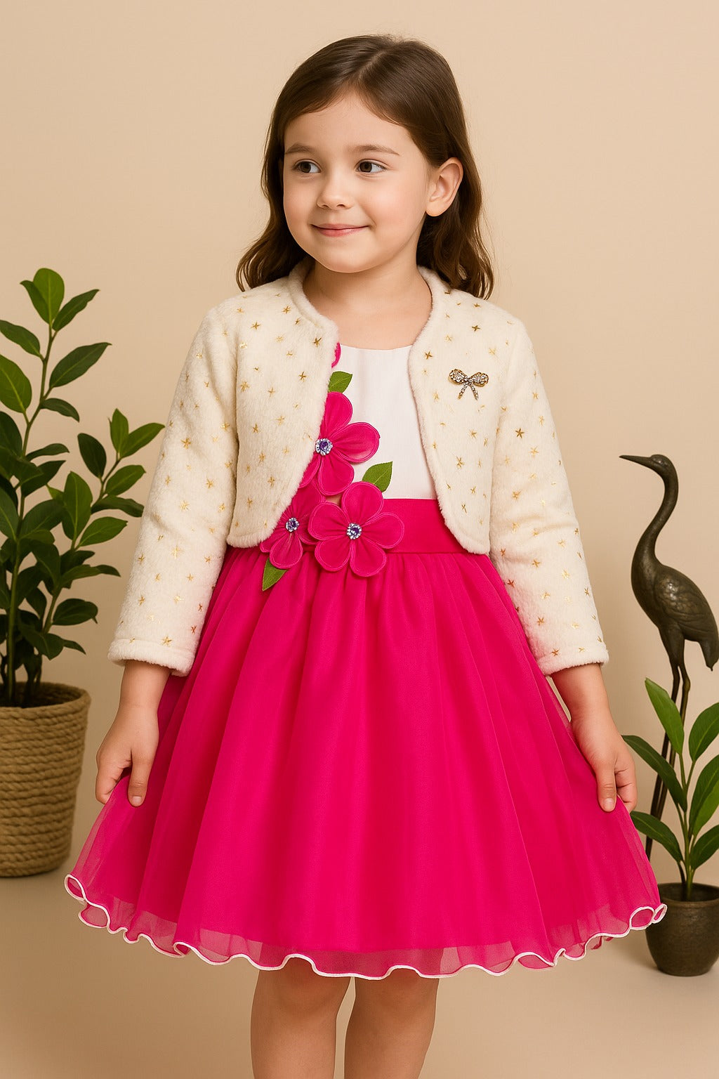 Girls Net Party Frock with Floral Appliqué & Cream Fur Jacket for Girls – Full Sleeves, Winter Special