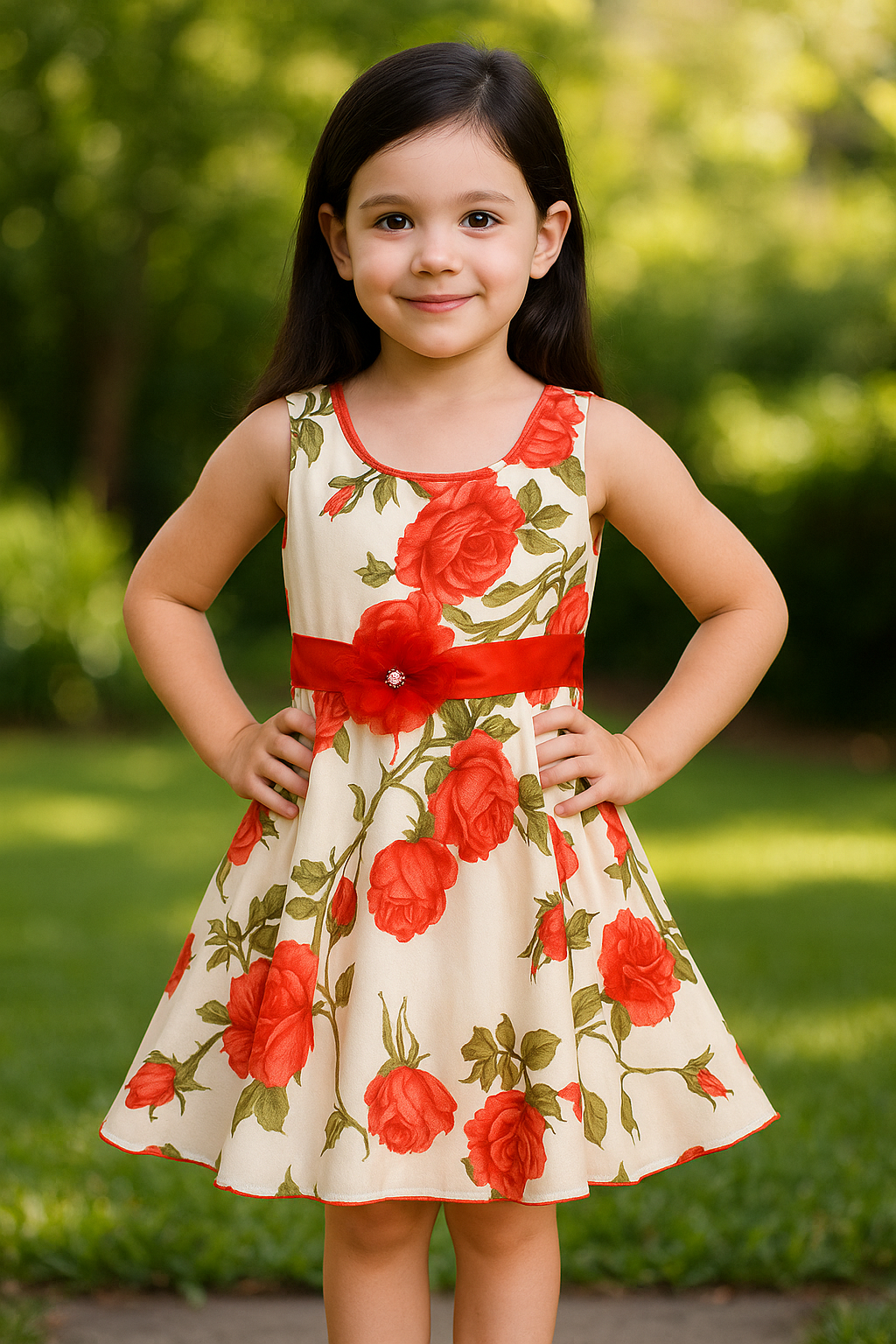 White and Red Floral Printed Bow Detail Dress