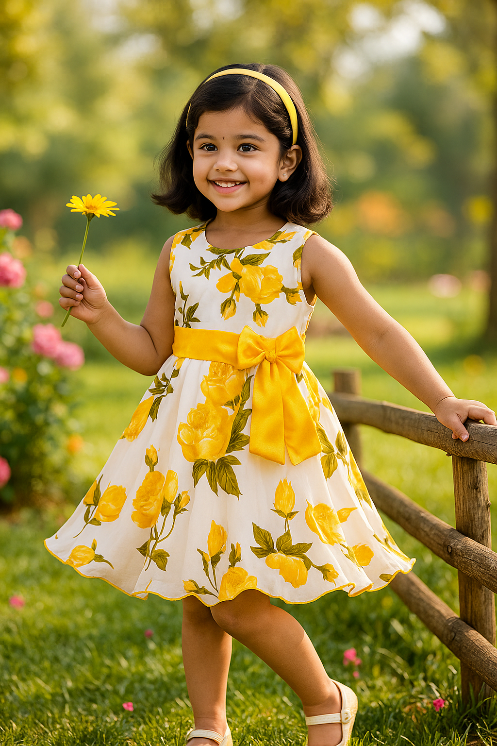 Yellow Floral Printed Bow Dress
