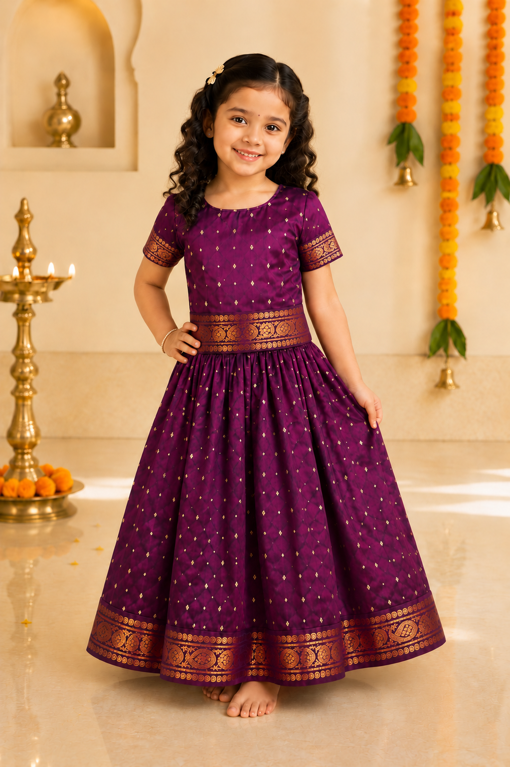 ಹುಡುಗಿಯರ ಪಟ್ಟು ಪಾವಡಾಯಿ ಆರ್ಟ್ ಸಿಲ್ಕ್ ಲೆಹೆಂಗಾ ಚೋಲಿ - ಸಾಂಪ್ರದಾಯಿಕ ಹೊಲಿದ ಜನಾಂಗೀಯ ಉಡುಗೆ