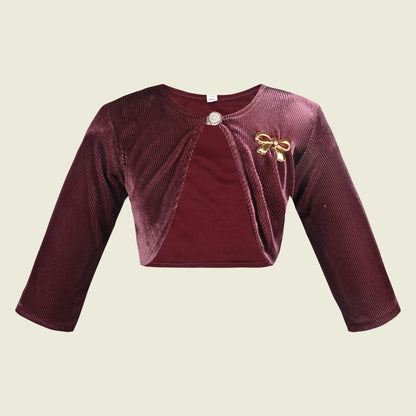 Baby Girls Velvet Party Wear Shrug | Stylish Bolero Jacket with Bow Brooch