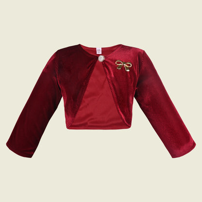 Baby Girls Velvet Party Wear Shrug | Stylish Bolero Jacket with Bow Brooch