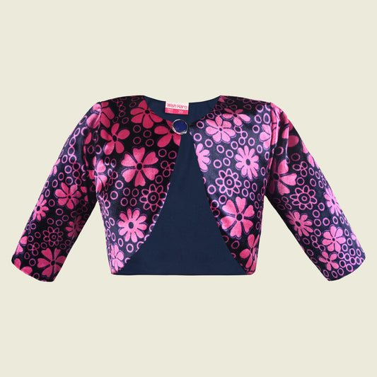 Baby Girls Velvet Printed Party Wear Shrug | Floral Velvet Jacket | Satin Inner | 3/4 Sleeves | Festive & Birthday Outfit Layer
