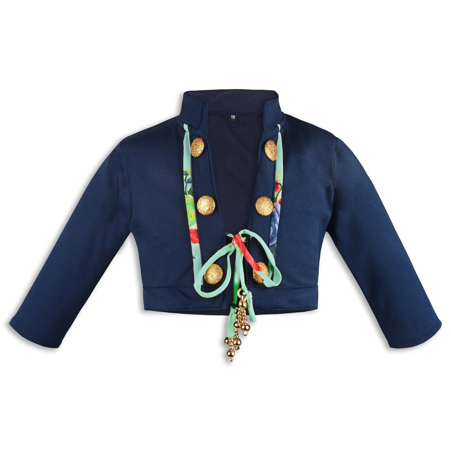 Baby Girls Satin Party Shrug | Navy Blue Embellished Ethnic Jacket with Floral Tie & Golden Buttons