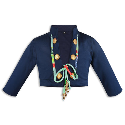 Baby Girls Satin Party Shrug | Navy Blue Embellished Ethnic Jacket with Floral Tie & Golden Buttons