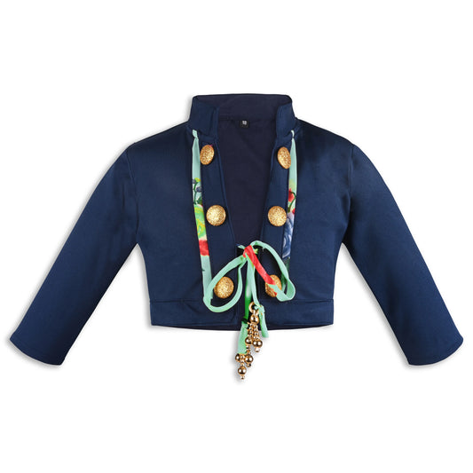 Baby Girls Satin Party Shrug | Navy Blue Embellished Ethnic Jacket with Floral Tie & Golden Buttons