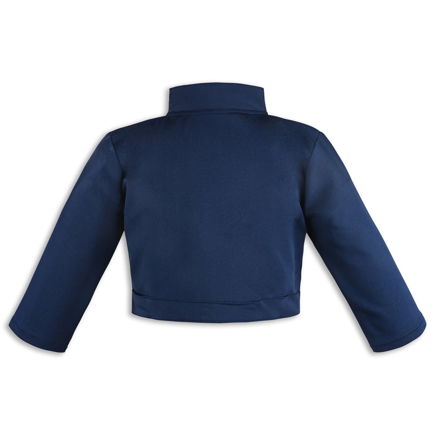 Baby Girls Satin Party Shrug | Navy Blue Embellished Ethnic Jacket with Floral Tie & Golden Buttons