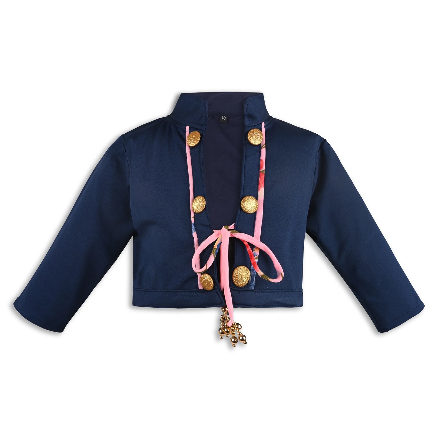 Baby Girls Satin Party Shrug | Navy Blue Embellished Ethnic Jacket with Floral Tie & Golden Buttons