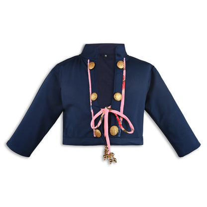 Baby Girls Satin Party Shrug | Navy Blue Embellished Ethnic Jacket with Floral Tie & Golden Buttons