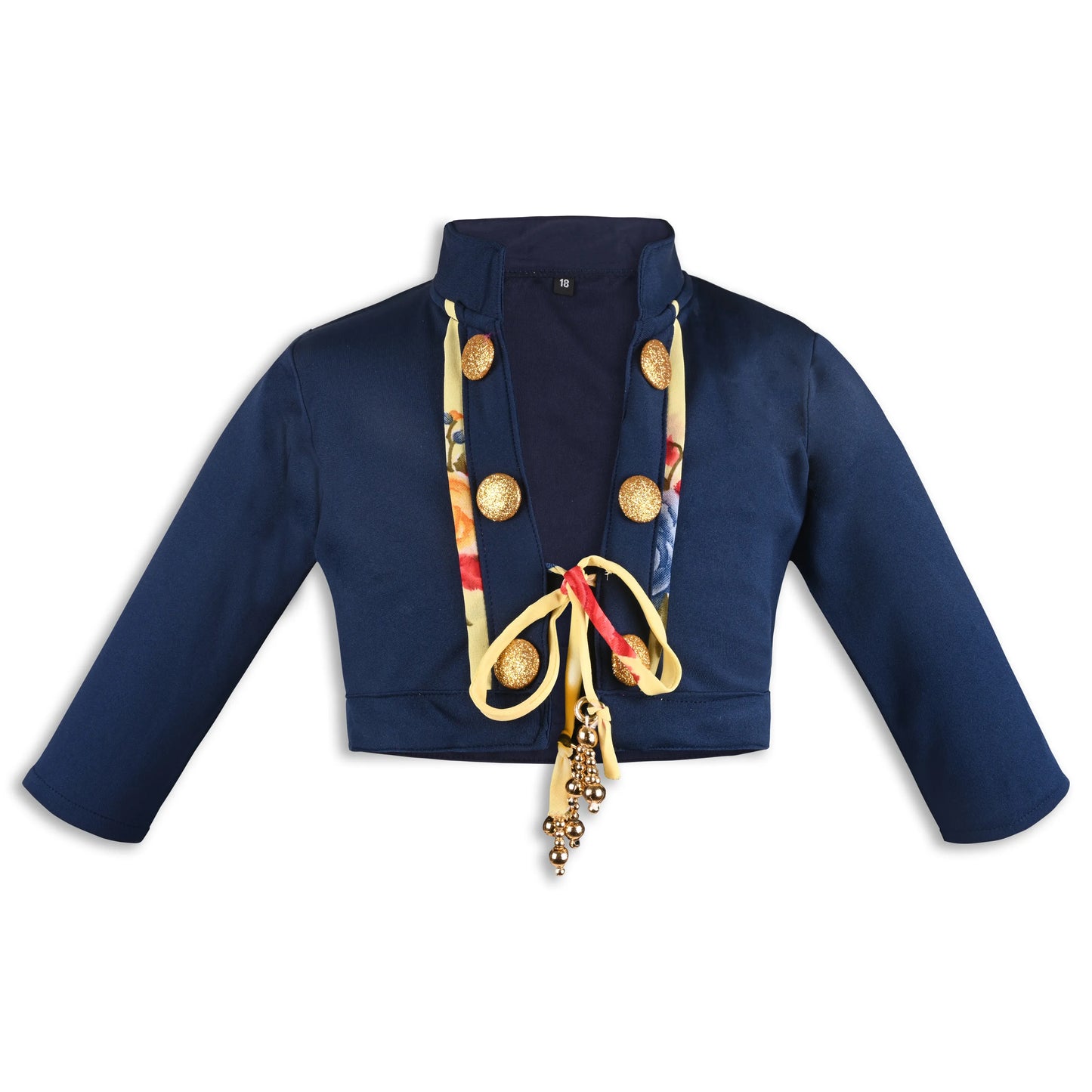 Baby Girls Satin Party Shrug | Navy Blue Embellished Ethnic Jacket with Floral Tie & Golden Buttons
