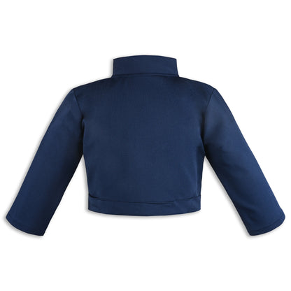 Baby Girls Satin Party Shrug | Navy Blue Embellished Ethnic Jacket with Floral Tie & Golden Buttons