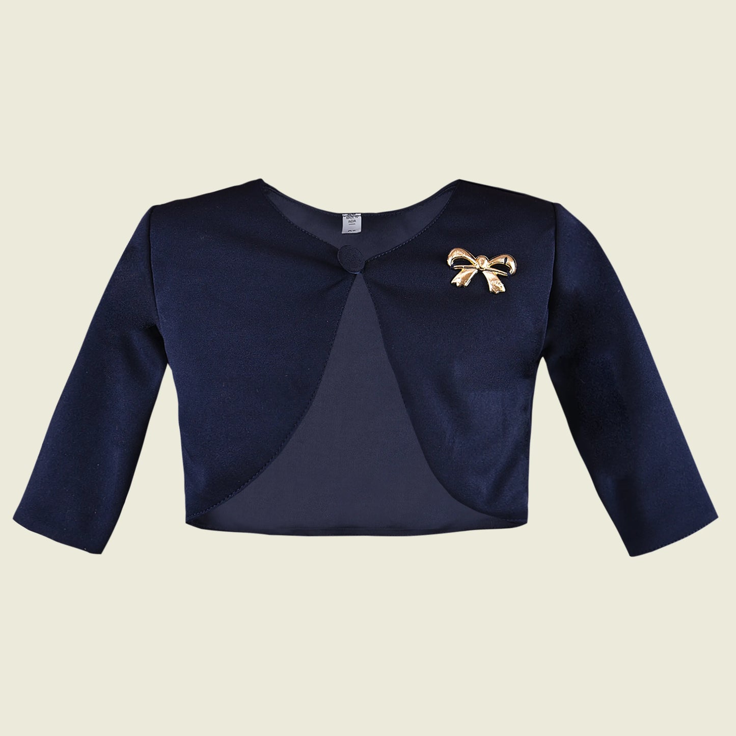 Baby Girls Satin Party Shrug | Elegant Navy Blue Satin Jacket with Bow Brooch | Wedding, Festive & Birthday Wear