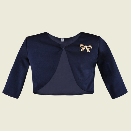 Baby Girls Satin Party Shrug | Elegant Navy Blue Satin Jacket with Bow Brooch | Wedding, Festive & Birthday Wear
