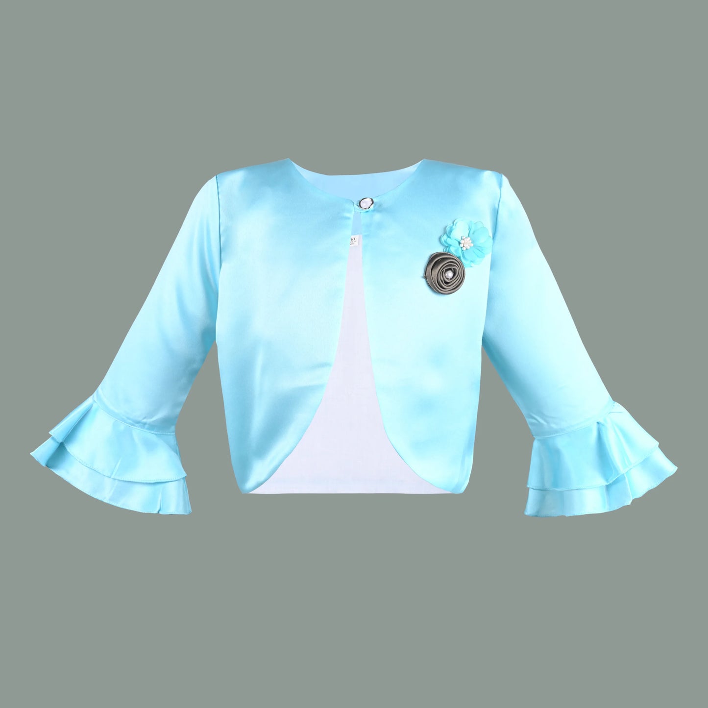 Baby Girls Satin Party Shrug | Light Blue Ruffle Sleeve Jacket for Gowns & Frocks | Wedding & Festive Wear