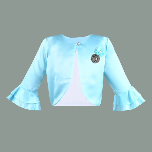 Baby Girls Satin Party Shrug | Light Blue Ruffle Sleeve Jacket for Gowns & Frocks | Wedding & Festive Wear