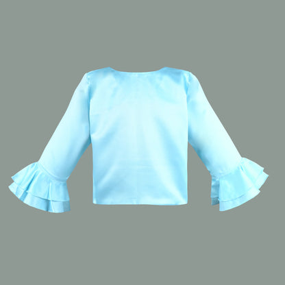 Baby Girls Satin Party Shrug | Light Blue Ruffle Sleeve Jacket for Gowns & Frocks | Wedding & Festive Wear